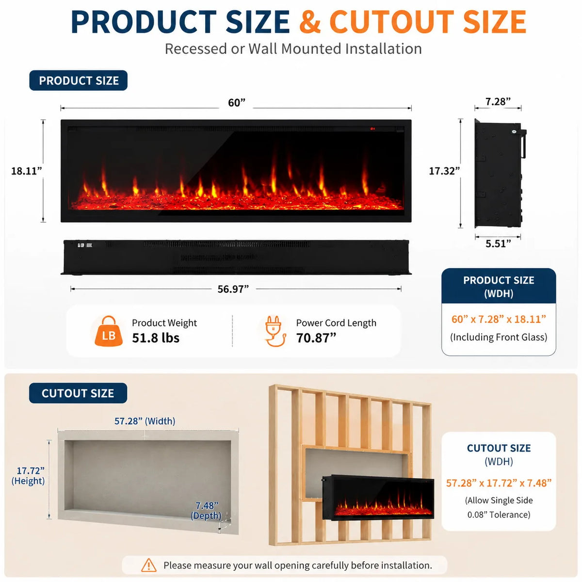 60 Inch Electric Fireplace Recessed Wall Mounted Linear Fireplace Heater with Log Crystal Inserts 12 Flame Colors Adjustable Speed Brightness 750 1500W Heats 400 Sq Ft Remote Control Touch Screen Built in Timer Low Noise for