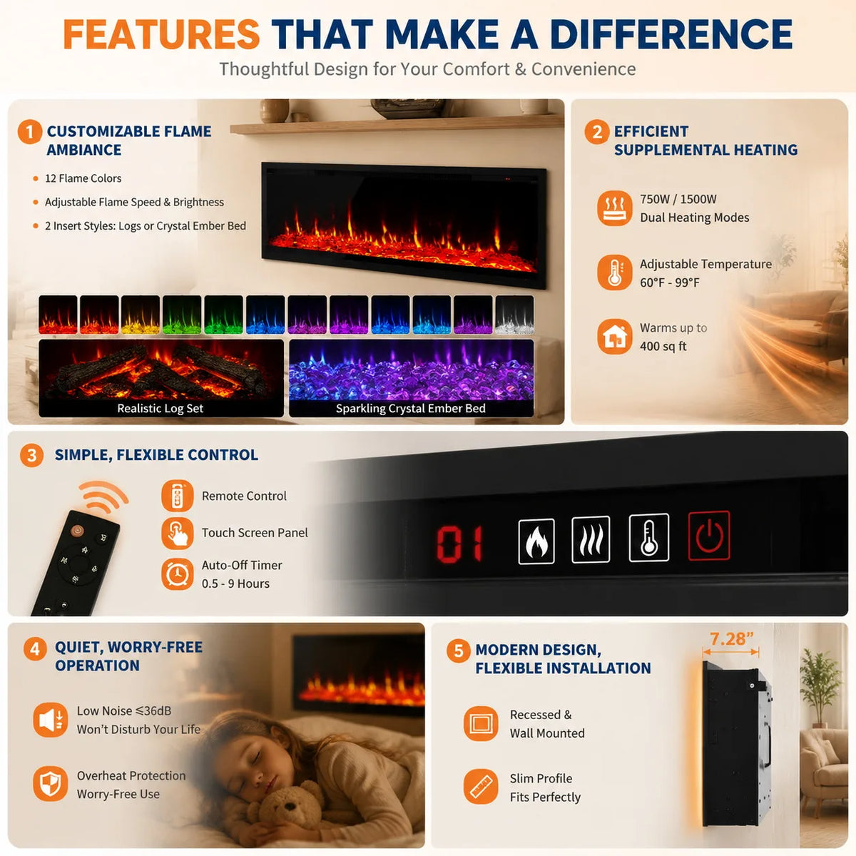 60 Inch Electric Fireplace Recessed Wall Mounted Linear Fireplace Heater with Log Crystal Inserts 12 Flame Colors Adjustable Speed Brightness 750 1500W Heats 400 Sq Ft Remote Control Touch Screen Built in Timer Low Noise for