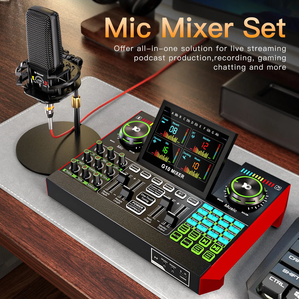 Tenlamp 6 Channel Live Sound Card Audio Mixer with 3.5mm Mic XLR Gaming Interface,  G10-PKPRO Podcast Equipment Bundle Kit RGB DJ Effects for PC Smartphone Laptop Singing Streaming Recording YouTube Vlog