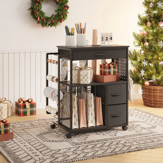 Wrapping Paper Storage Cart 3 Tier With 3 Fabric Drawers And Ribbon Spool Holder Mobile Gift Wrap Organizer Black White For Craft Room Closet
