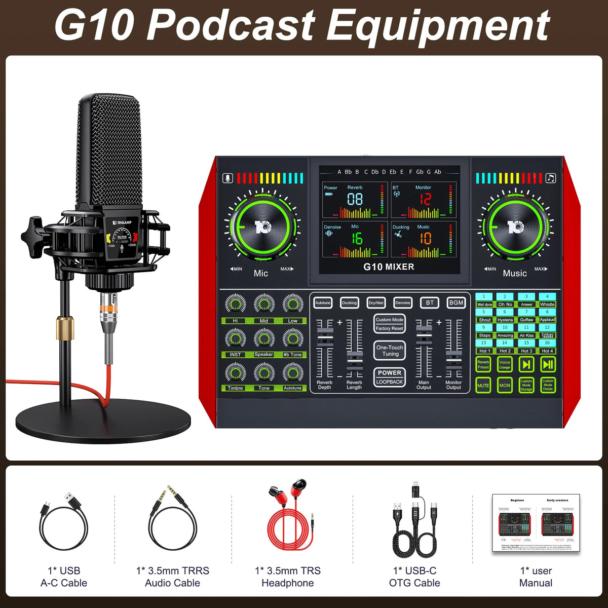 Tenlamp 6 Channel Live Sound Card Audio Mixer with 3.5mm Mic XLR Gaming Interface,  G10-PKPRO Podcast Equipment Bundle Kit RGB DJ Effects for PC Smartphone Laptop Singing Streaming Recording YouTube Vlog