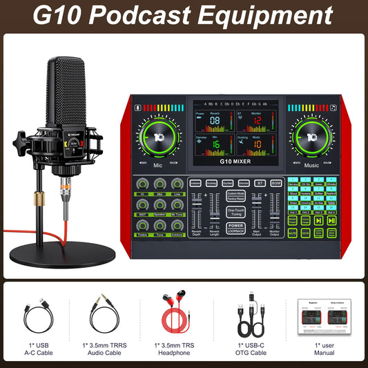 Tenlamp 6 Channel Live Sound Card Audio Mixer with 3.5mm Mic XLR Gaming Interface,  G10-PKPRO Podcast Equipment Bundle Kit RGB DJ Effects for PC Smartphone Laptop Singing Streaming Recording YouTube Vlog
