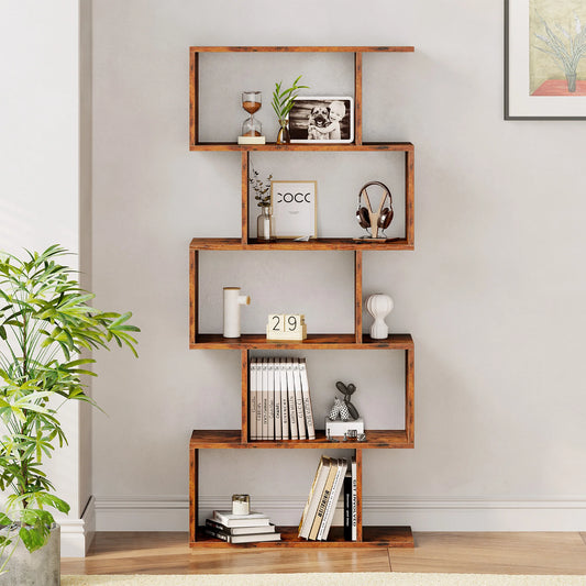JHK Five Tier Geometric Wooden Bookcase