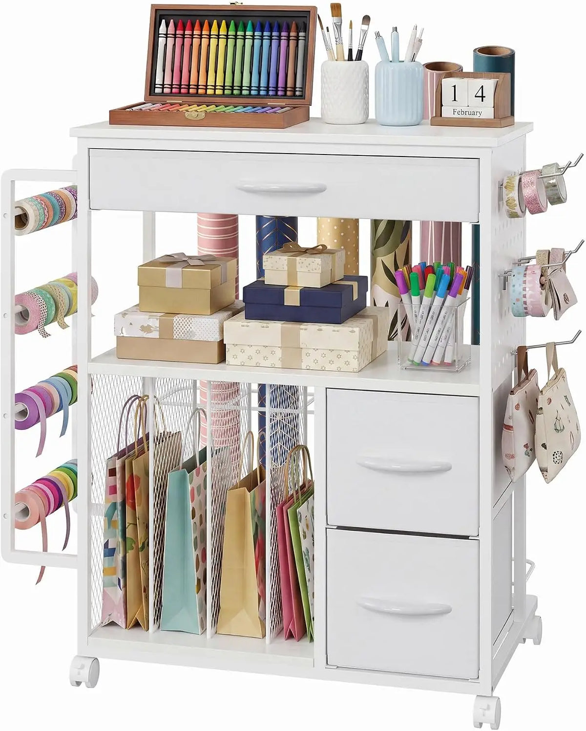 Wrapping Paper Storage Cart 3 Tier With 3 Fabric Drawers And Ribbon Spool Holder Mobile Gift Wrap Organizer Black White For Craft Room Closet