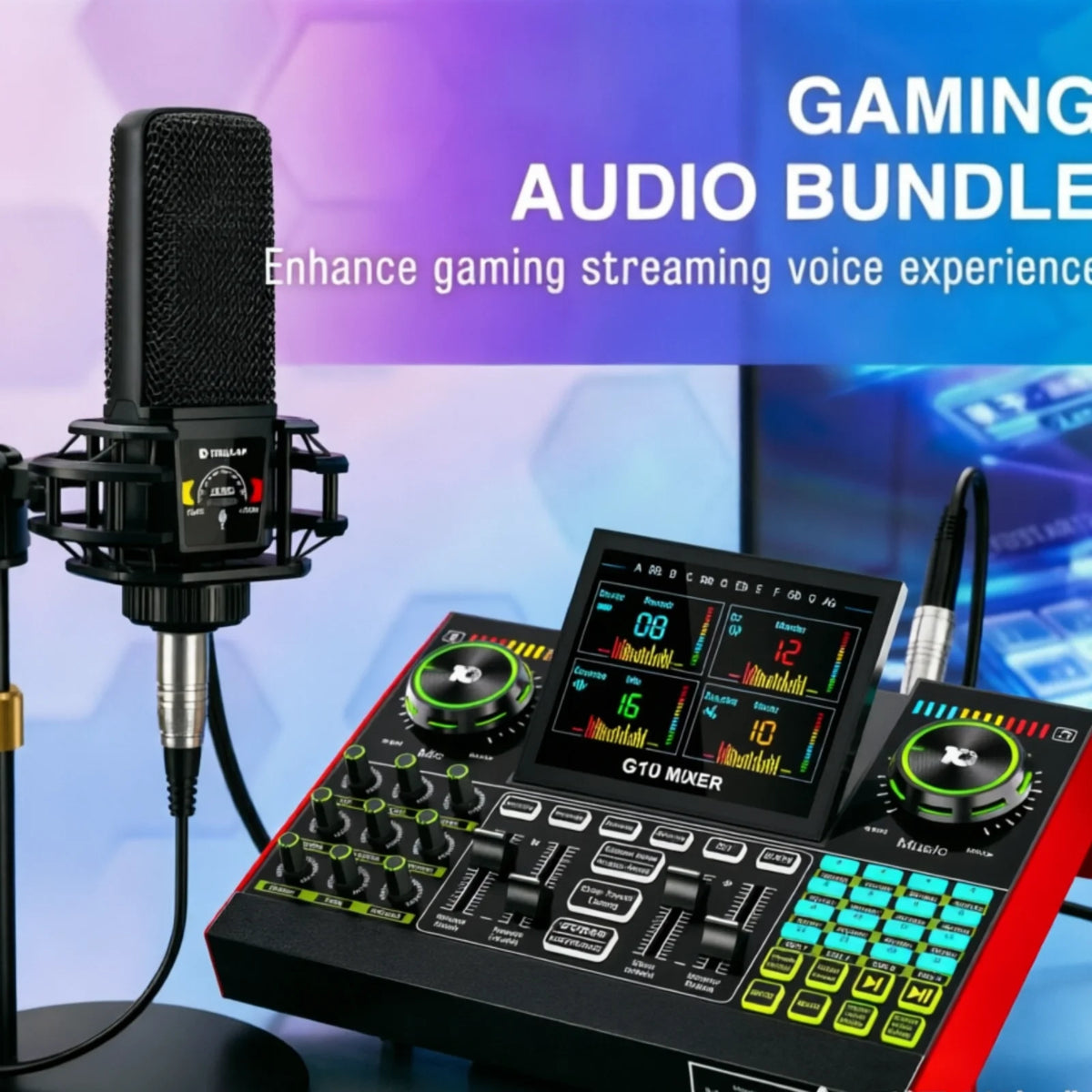 Tenlamp 6 Channel Live Sound Card Audio Mixer with 3.5mm Mic XLR Gaming Interface,  G10-PKPRO Podcast Equipment Bundle Kit RGB DJ Effects for PC Smartphone Laptop Singing Streaming Recording YouTube Vlog