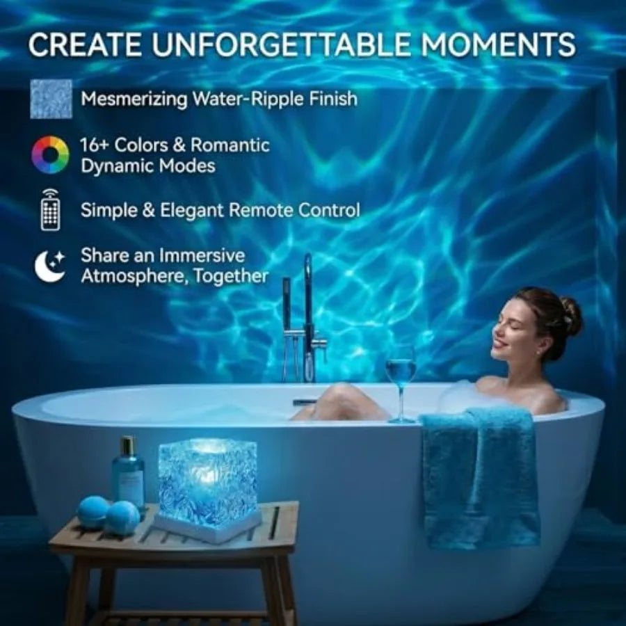 Rechargeable Ocean Wave Projector Light, 16 Color Changeable and Dimmable Shower Lamp with Remote, Cube Mood Ambient Lighting,