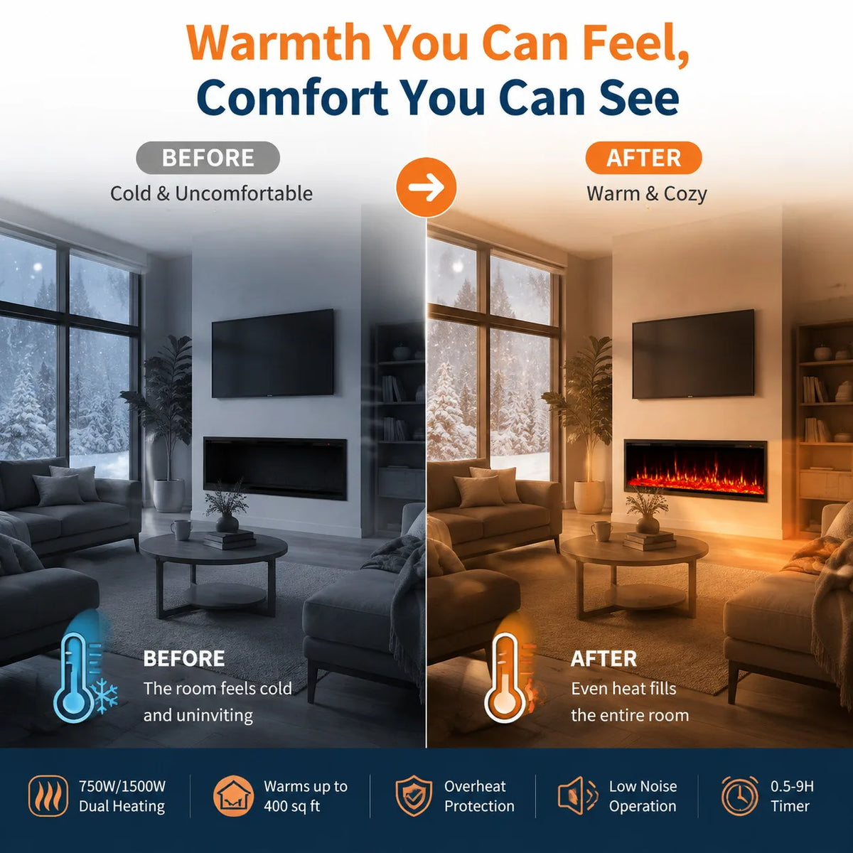 60 Inch Electric Fireplace Recessed Wall Mounted Linear Fireplace Heater with Log Crystal Inserts 12 Flame Colors Adjustable Speed Brightness 750 1500W Heats 400 Sq Ft Remote Control Touch Screen Built in Timer Low Noise for