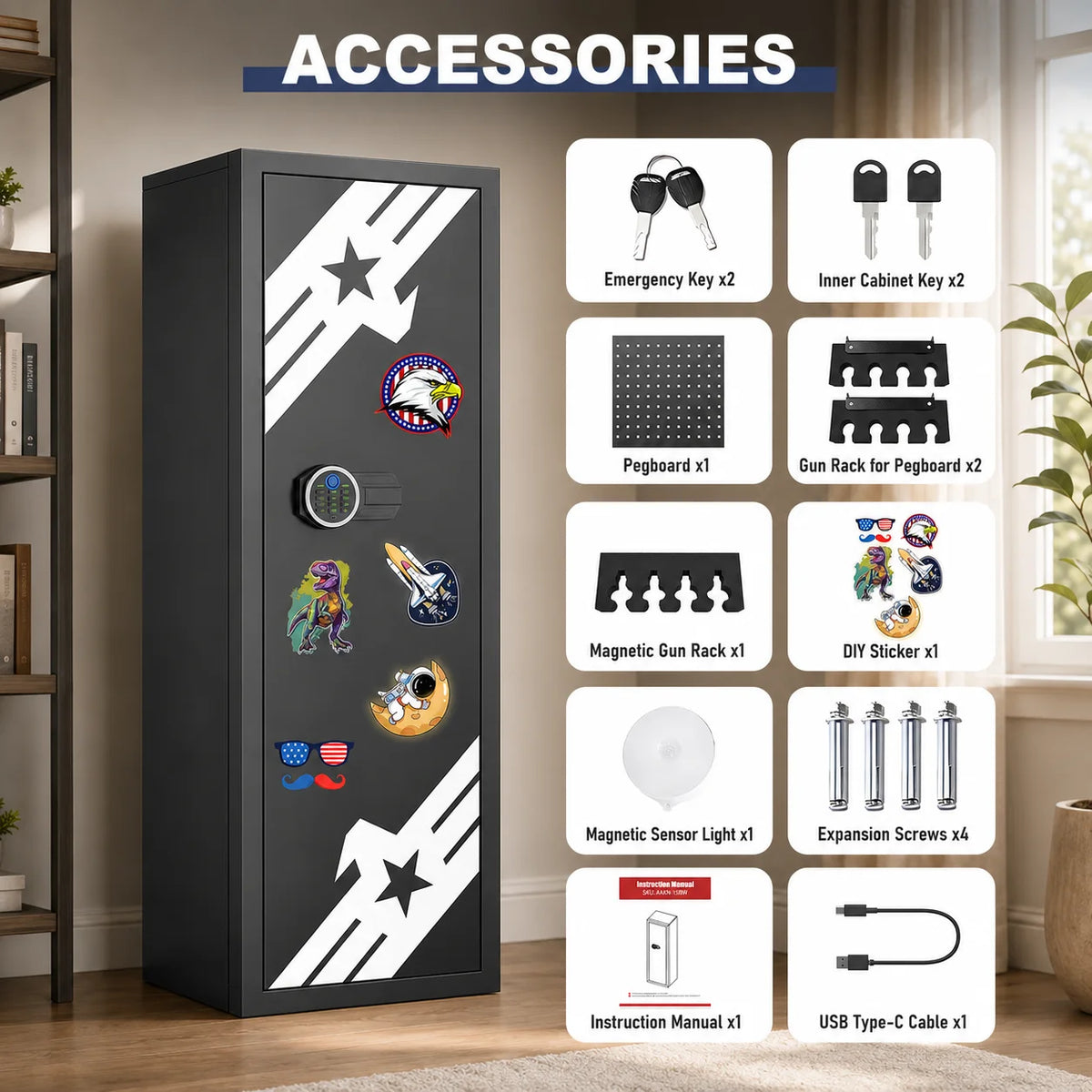 7-9 Large Unassembled Gun Safe for Shotguns,Fingerprint Gun Cabinet for Pistols with Dual Alarm and Mute Mode, Long Gun Safe with Touchscreen Pad, Removable Shelves